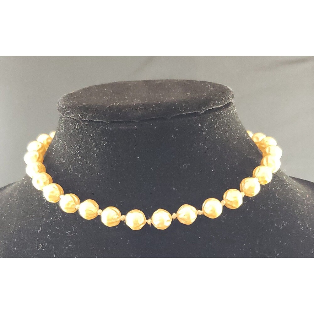 Vintage Unsigned Single Strand Choker Necklace, Gold Tone Textured Faux Beads